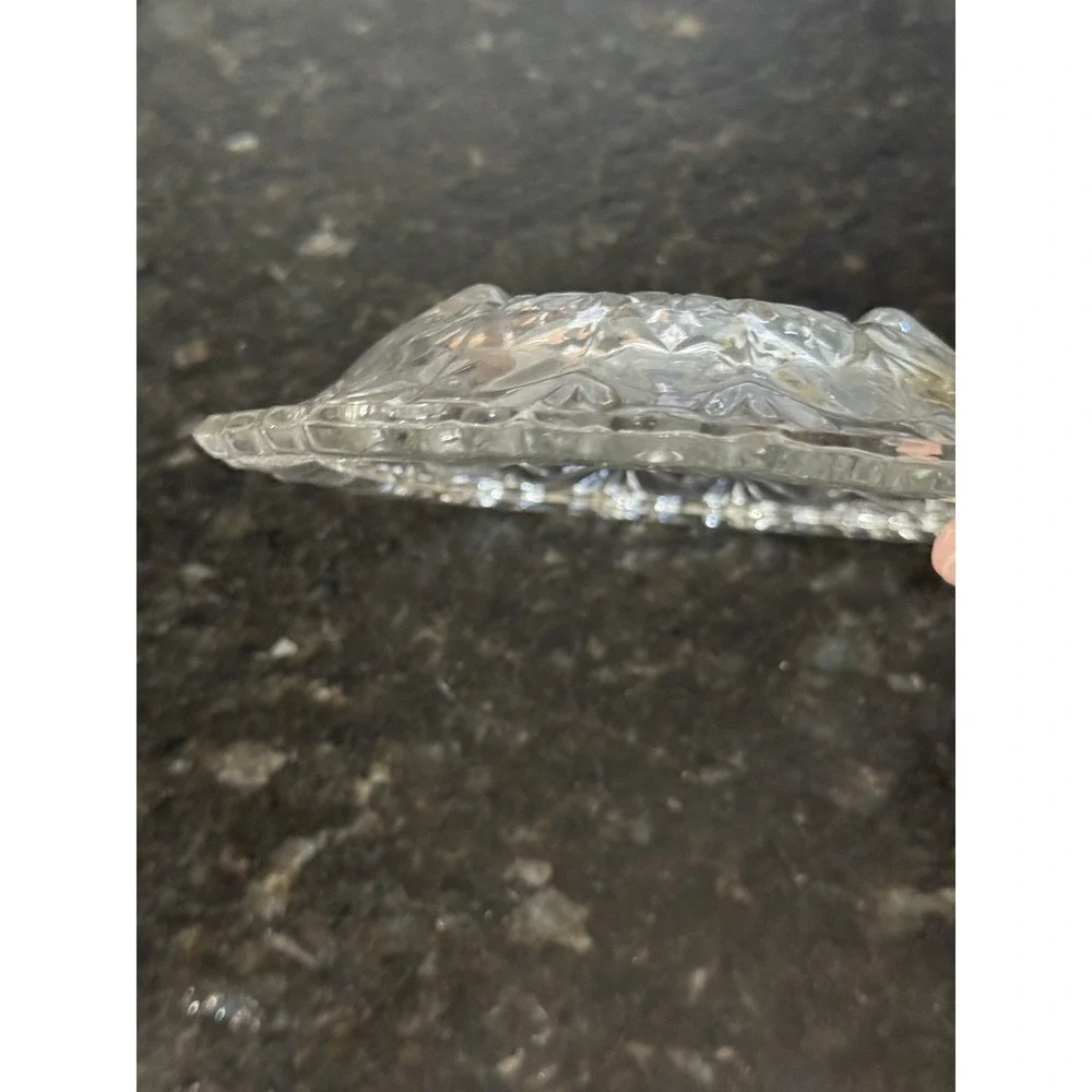 Vintage Clear Cut Glass Style MCM Dish Square Sawtooth Scalloped Rim Starburst